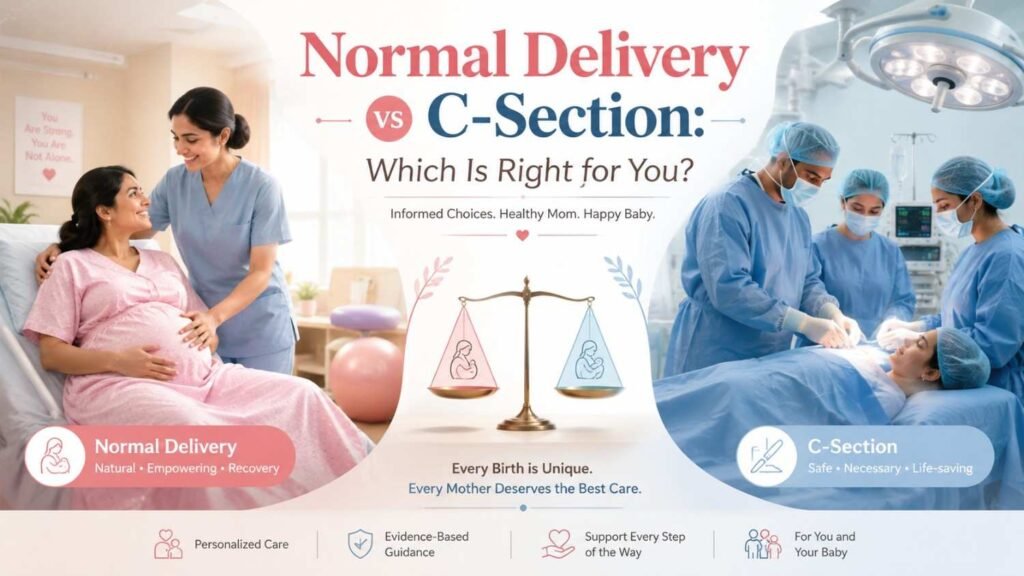Doctor explaining normal delivery vs C-section options to an expecting mother