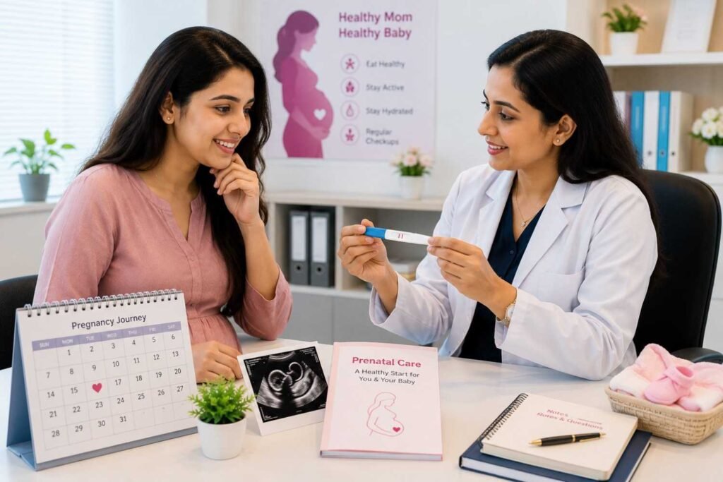 Female gynecologist explaining early pregnancy signs to a woman at SPAW Hospital, Mohali.