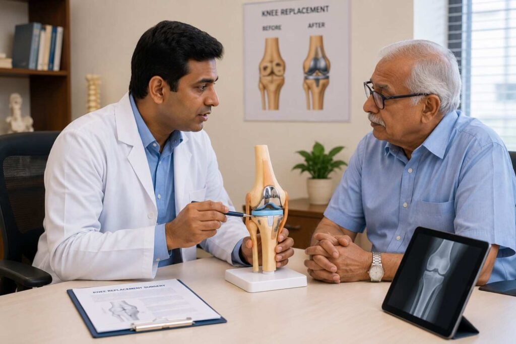 Orthopedic surgeon explaining knee replacement surgery to a patient in Amritsar.