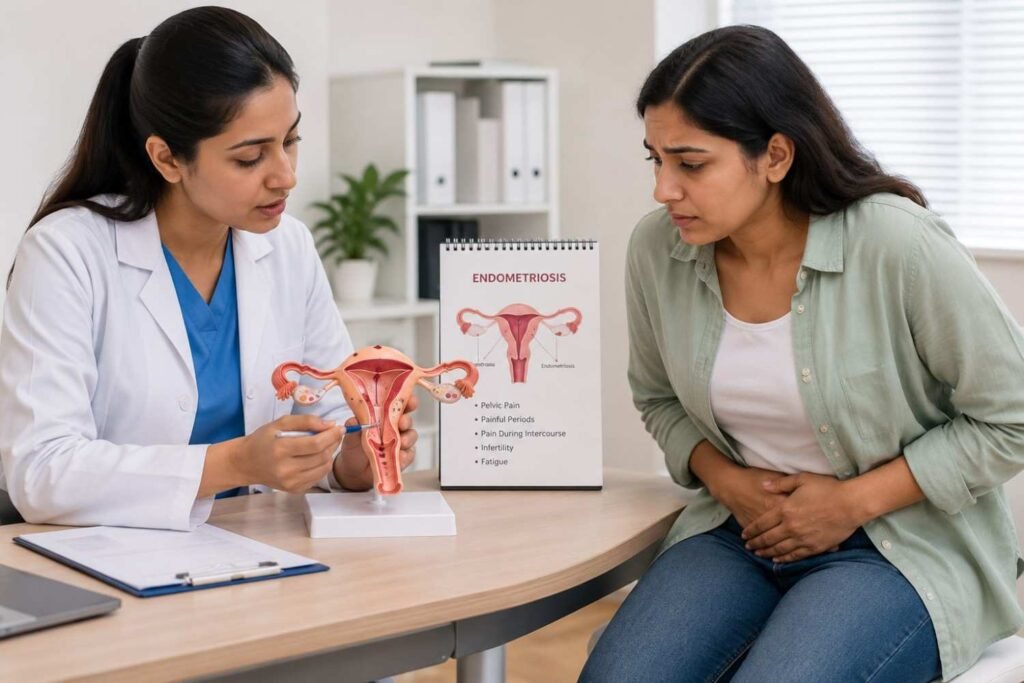 Gynecologist explaining endometriosis symptoms and treatment to a female patient.