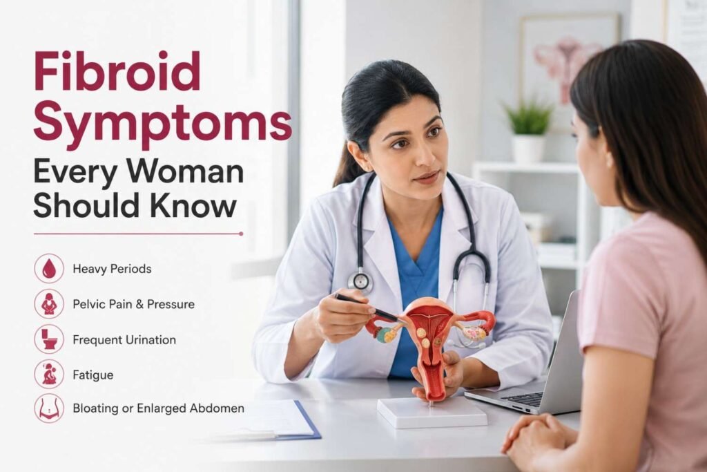 Woman consulting a gynecologist about fibroid symptoms and treatment.