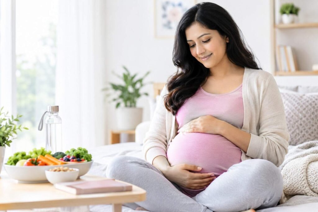 Expectant mother practicing healthy pregnancy care