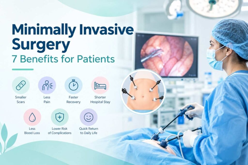 Medical illustration explaining minimally invasive surgery and its potential benefits for patients